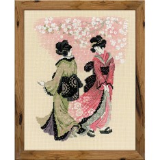 Deux élégantes geishas se promènent sous les cerisiers en fleurs. Kit broderie au point de croix compté.