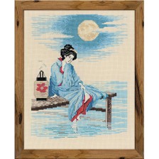 Une japonaise rêveuse, au bord de l'eau par un soir de lune à broder au point de croix.